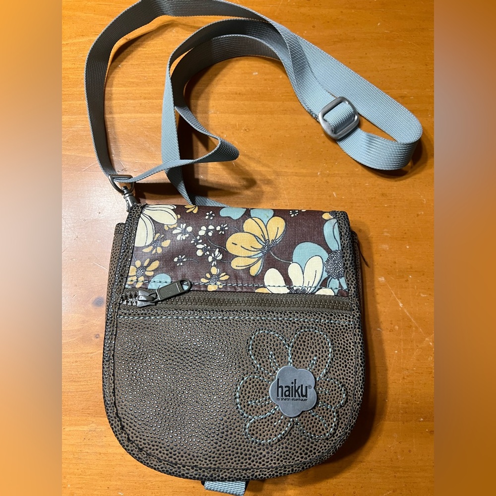 Haiku Brown Floral Crossbody with Light Blue Strap